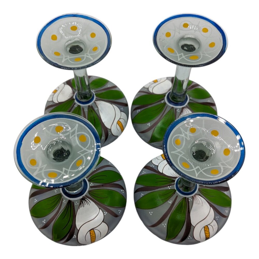 Set of 4 Hand Painted Mexican Blue Rim Margarita Glass White Calla Lilies Lily - Picture 4 of 16